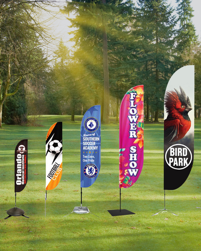 Set of feather flags in different sizes promoting business visibility outdoors