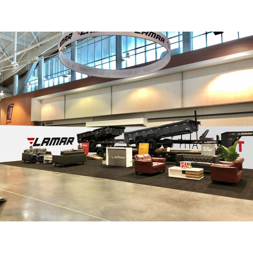 Large-scale modular trade show display with overhead hanging sign