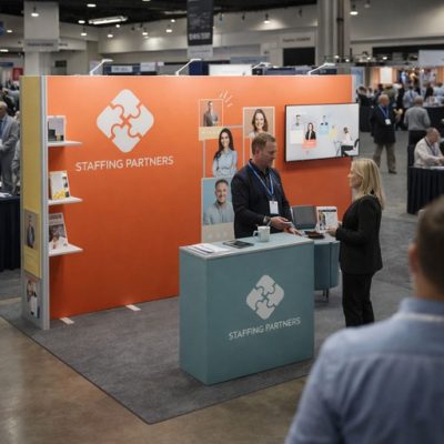 Professional team engaging visitors at executive trade show booth