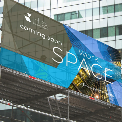 Large banner in front of building