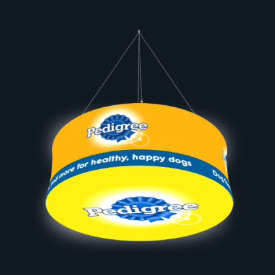 LED hanging banner suspended above booth for 360-degree visibility