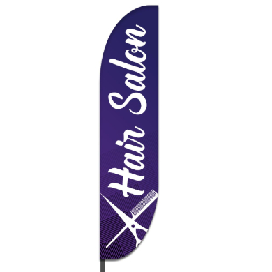 Custom feather banner outside a barbershop attracting customers.