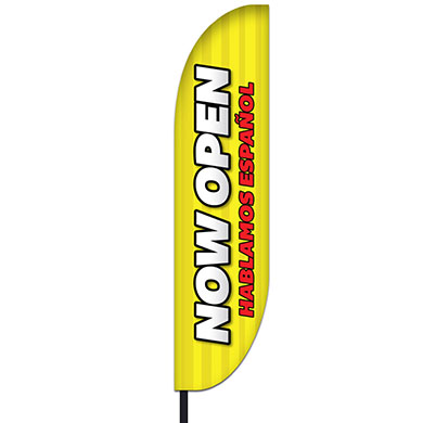 Colorful feather flag promoting store grand opening