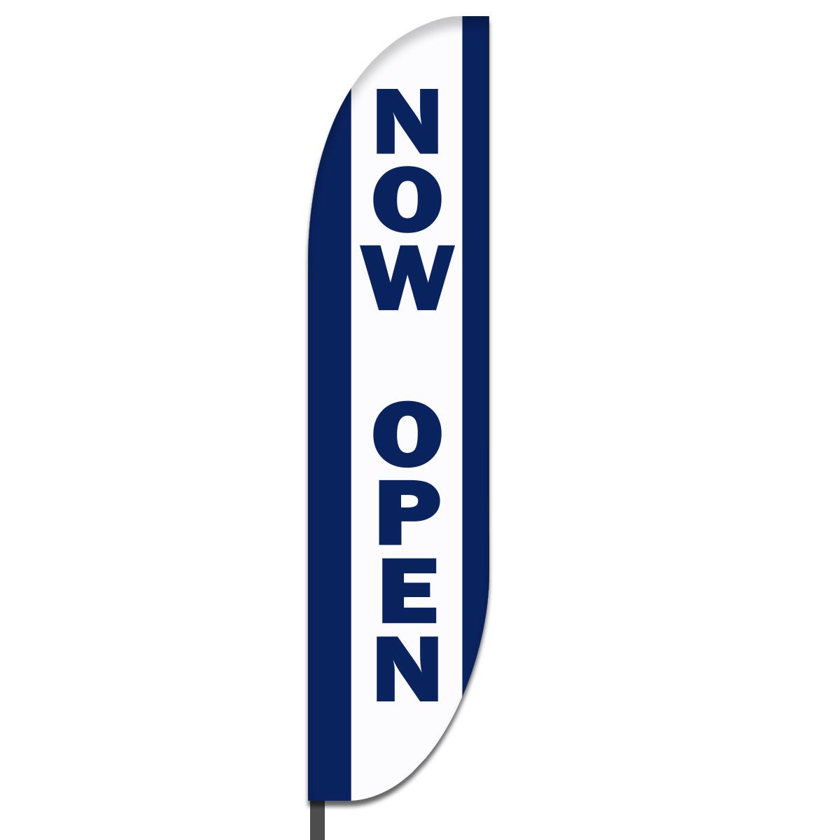 Vertical blue letters on white center with deep blue side panels.