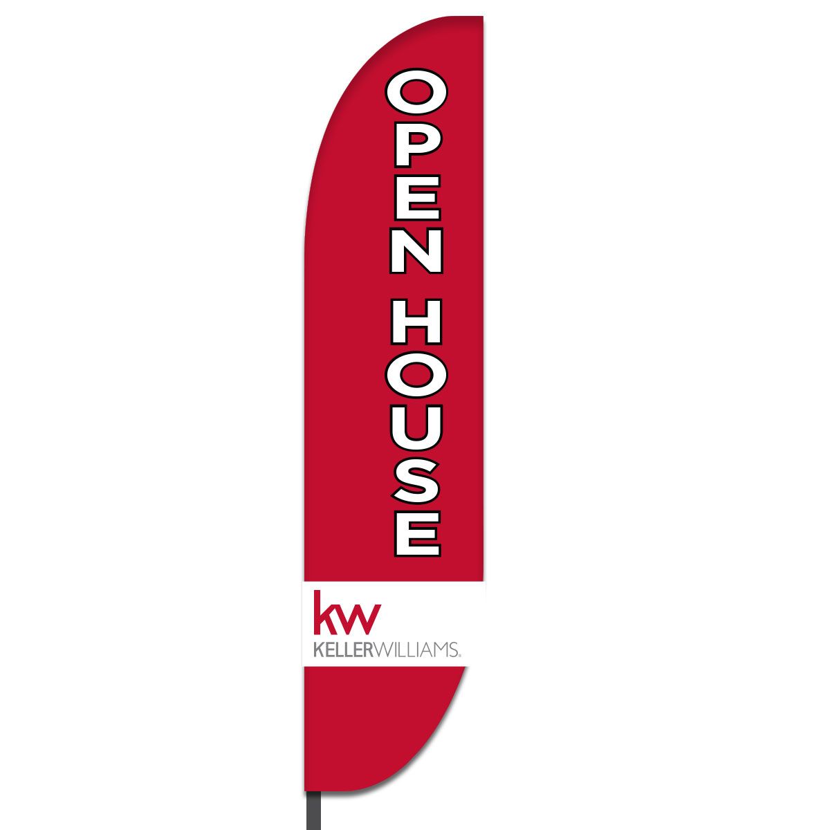 Classic white on deep red horizontal lettering stacked vertically, logo at bottom.