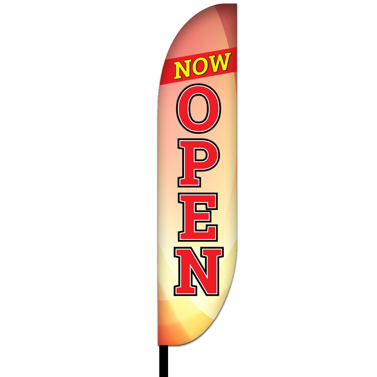 Multi-colored banner: yellow ‘Now’ horizontal on top, red ‘Open’ vertical on bottom.