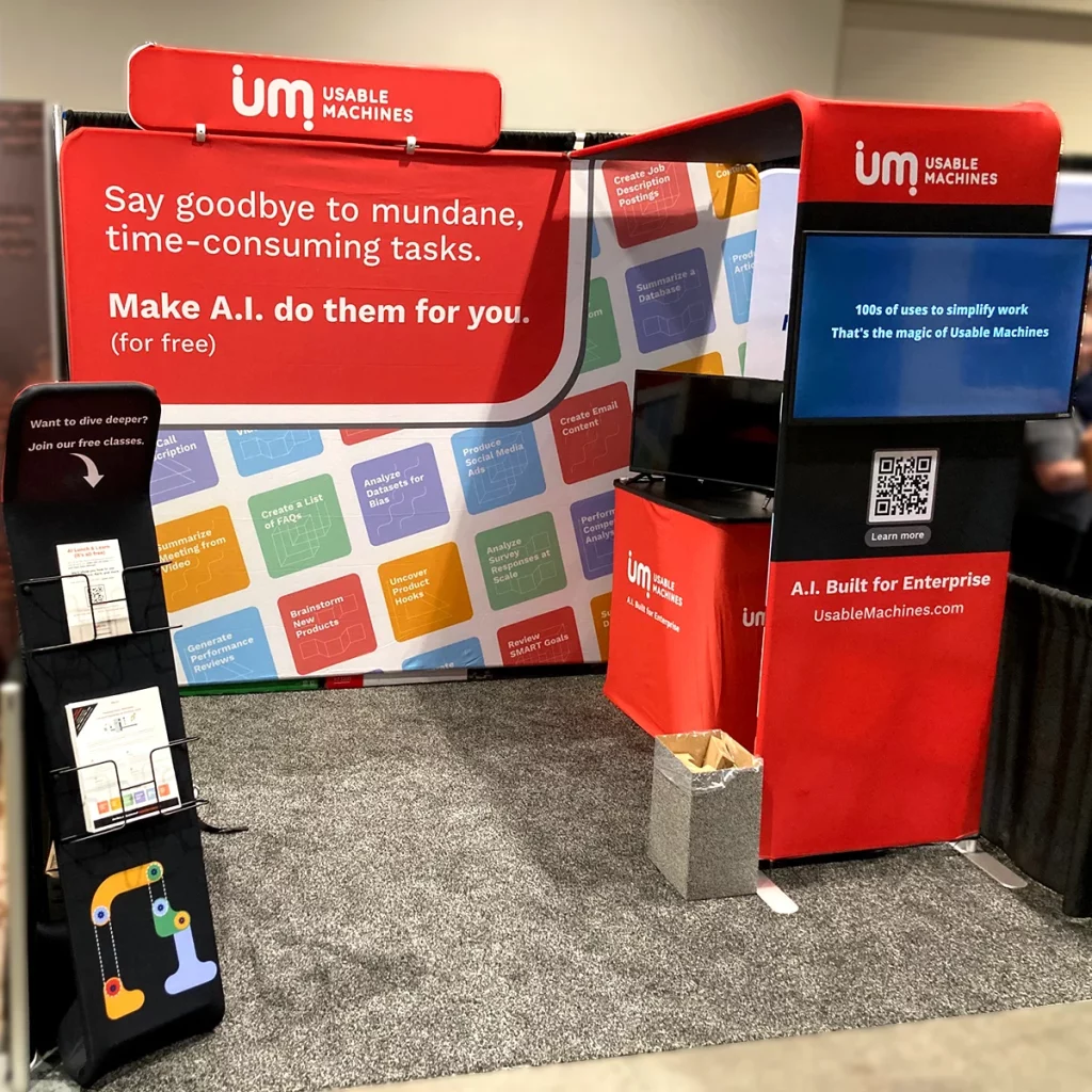 Trade show booth with TV display showcasing brand