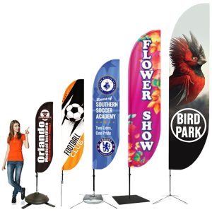 Feather banner made of polyester fabric with a feather-shaped design attached to a sturdy base.