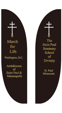 Church feather banner promoting events and activities.
