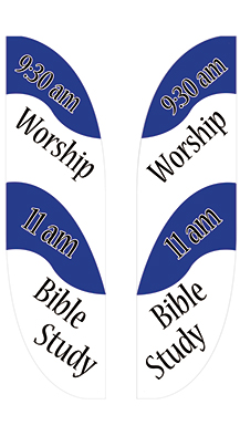 Colorful feather flag displaying church information.