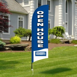 Eye-catching feather banner promoting open house.
