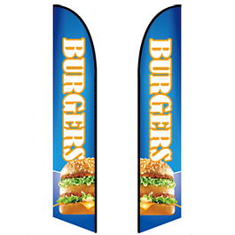 Colorful feather flags promoting a restaurant and drawing attention from passing drivers.