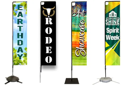 Rectangular flag banners with maximum display space, durable aluminum poles, and UV-resistant high-definition printing for indoor or outdoor use.
