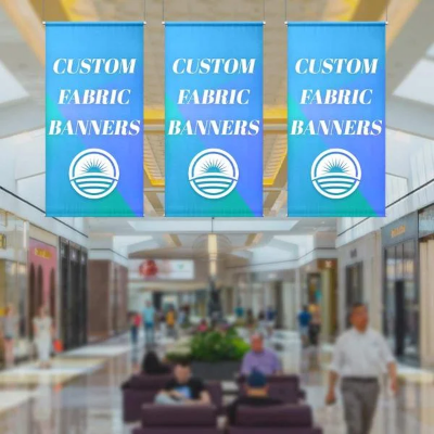 fabric pole banners hanging from the ceiling