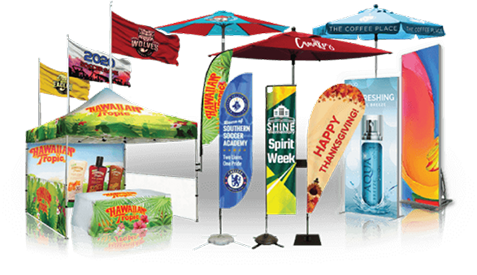 Feather flag advertising a retail promotion