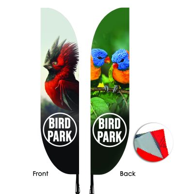 Pair of double-sided feather flags with graphics printed on both sides for maximum exposure